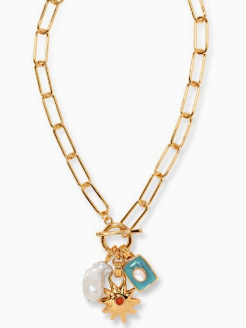 Gold Link Toggle Necklace with Red Enamel Charm, Pearl & Turquoise Accent